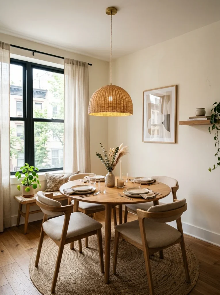 Perfectly sized pendant light above dining table in small dining room.