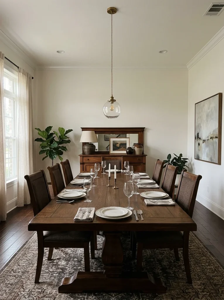 Small pendant light incorrectly sized for large dining table.