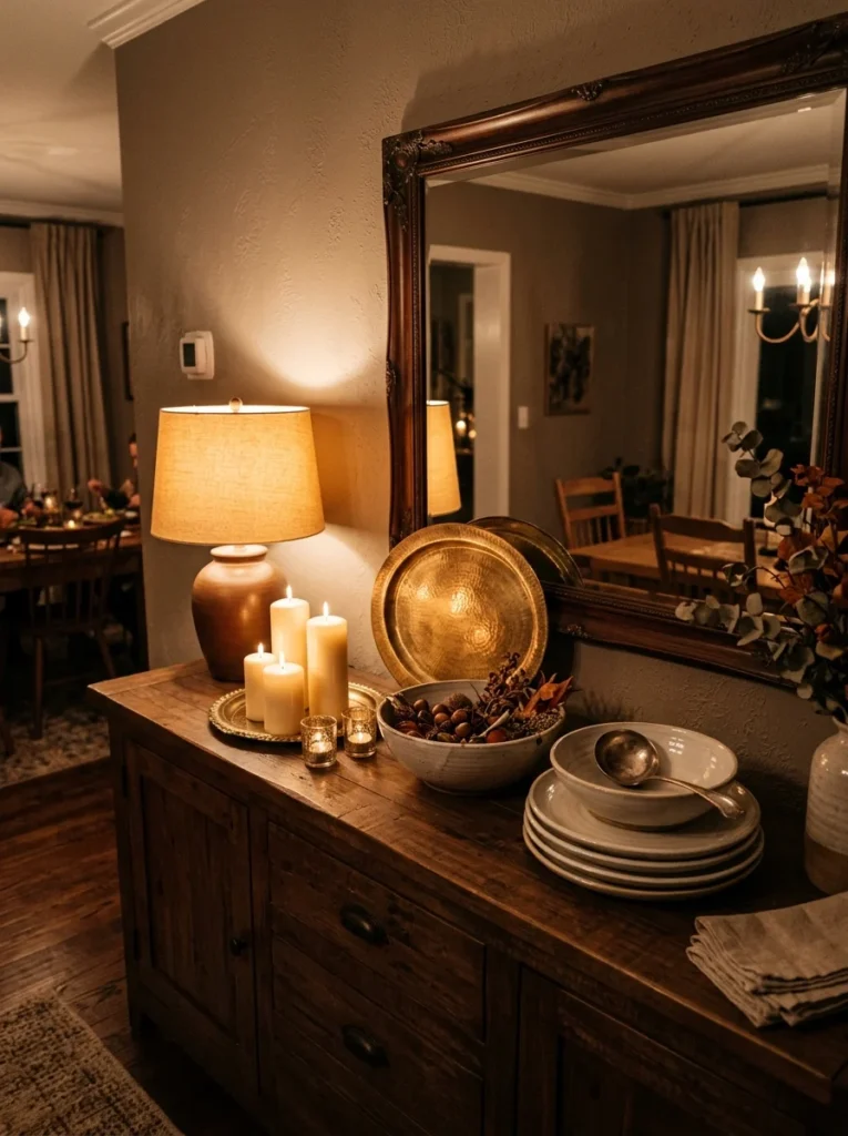 Warm buffet lamp styling on sideboard in modern dining room.