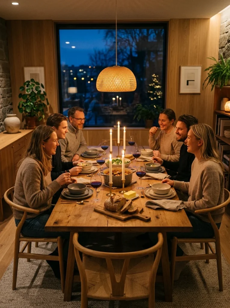 Warm white dining room lighting creating cozy evening atmosphere.