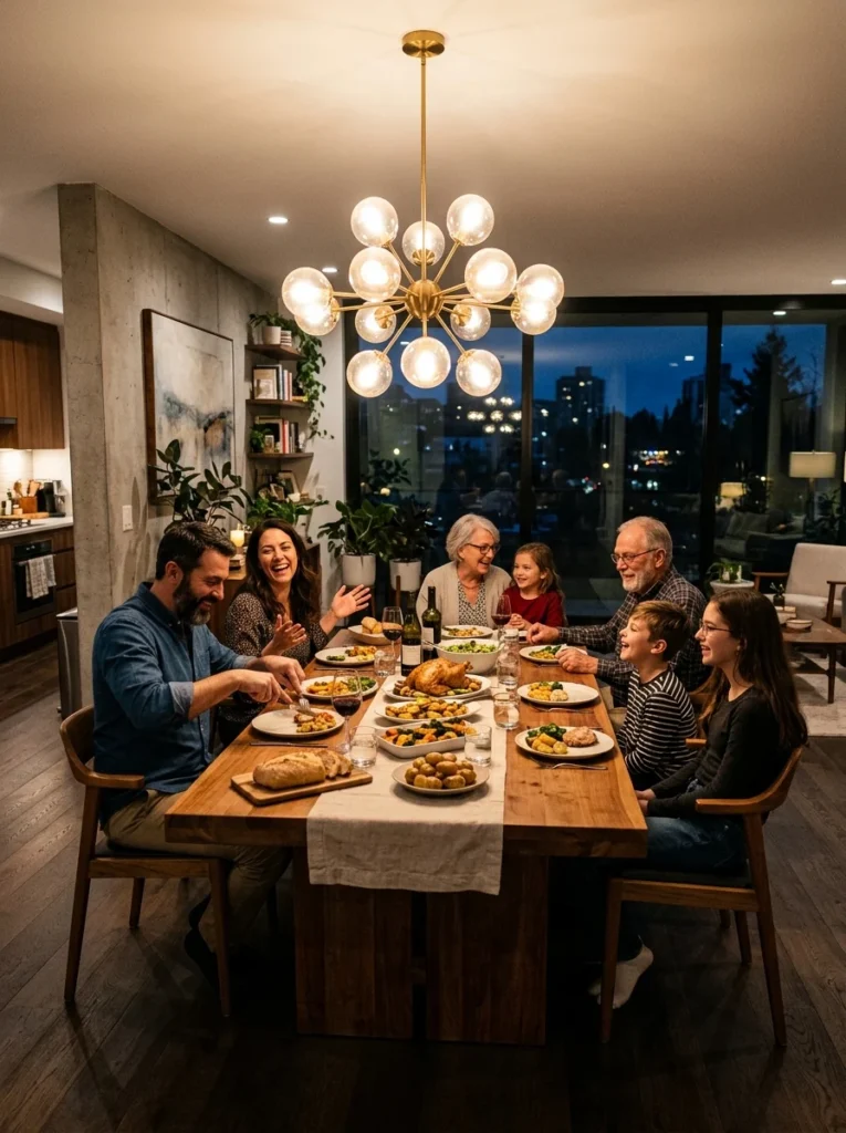 Dining room chandelier at full brightness for everyday meals and activities.