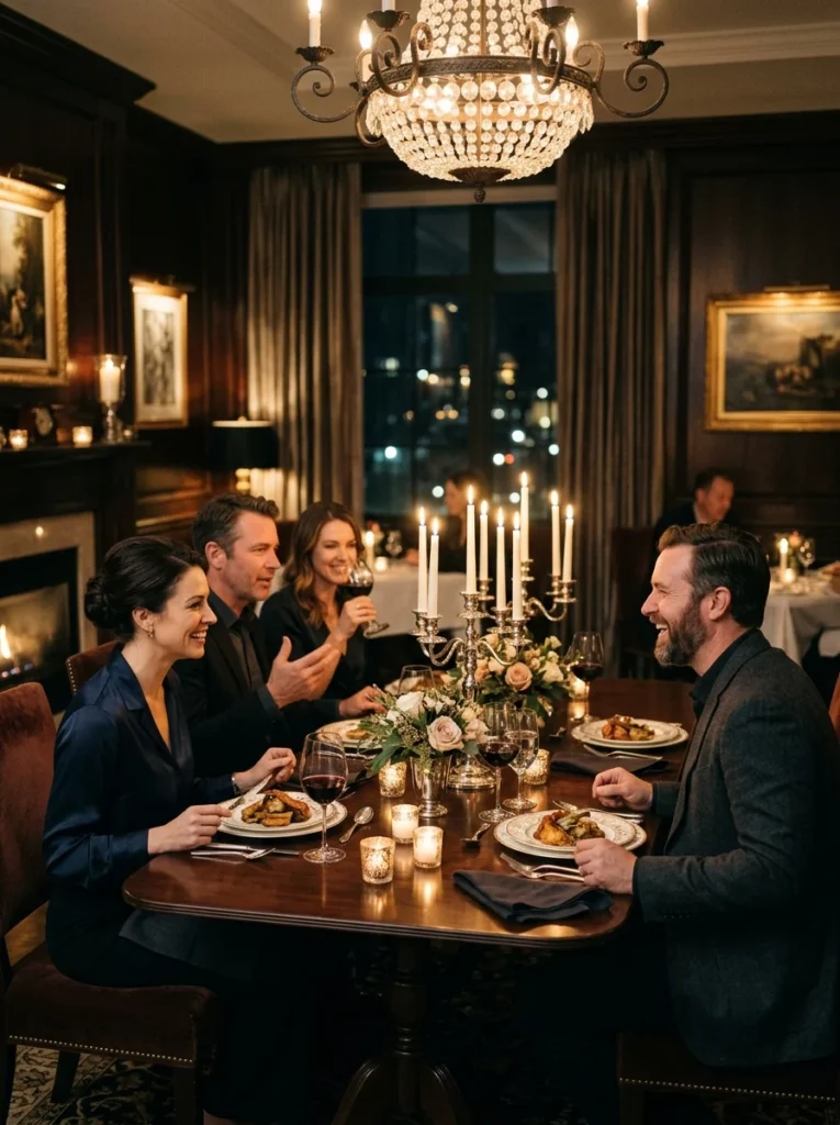 Dimmed dining room lighting with candles creating intimate dinner atmosphere.