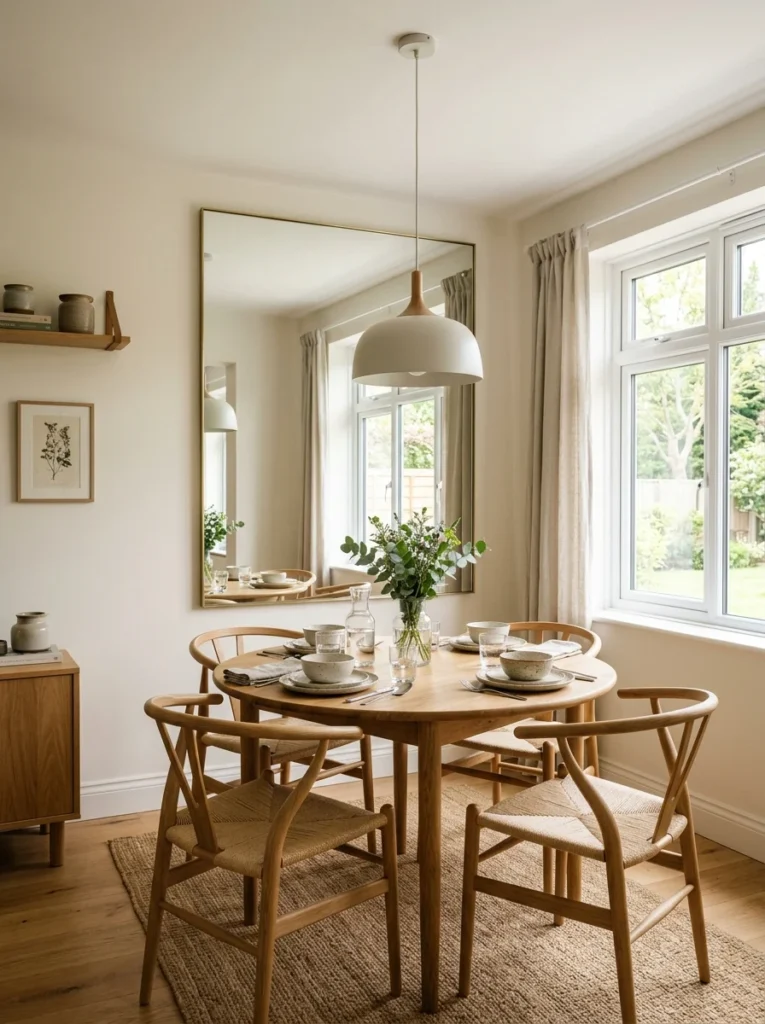 Large wall mirror making small dining room feel bigger and brighter.