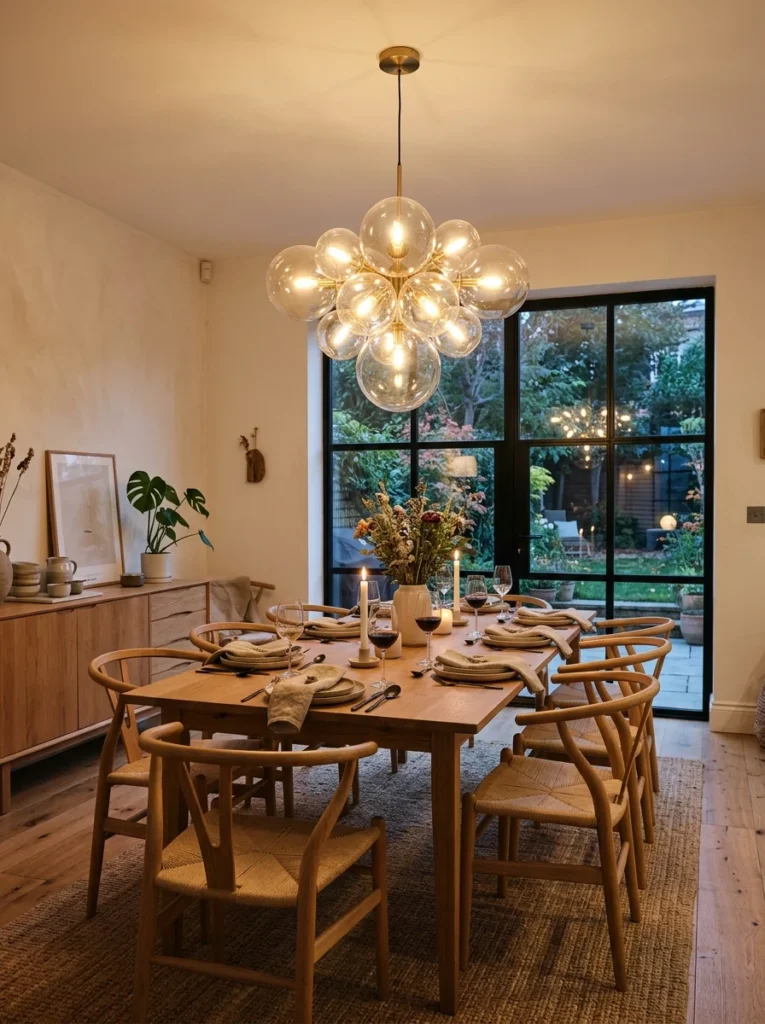 Pendant chandelier centered above dining table in stylish modern dining room.