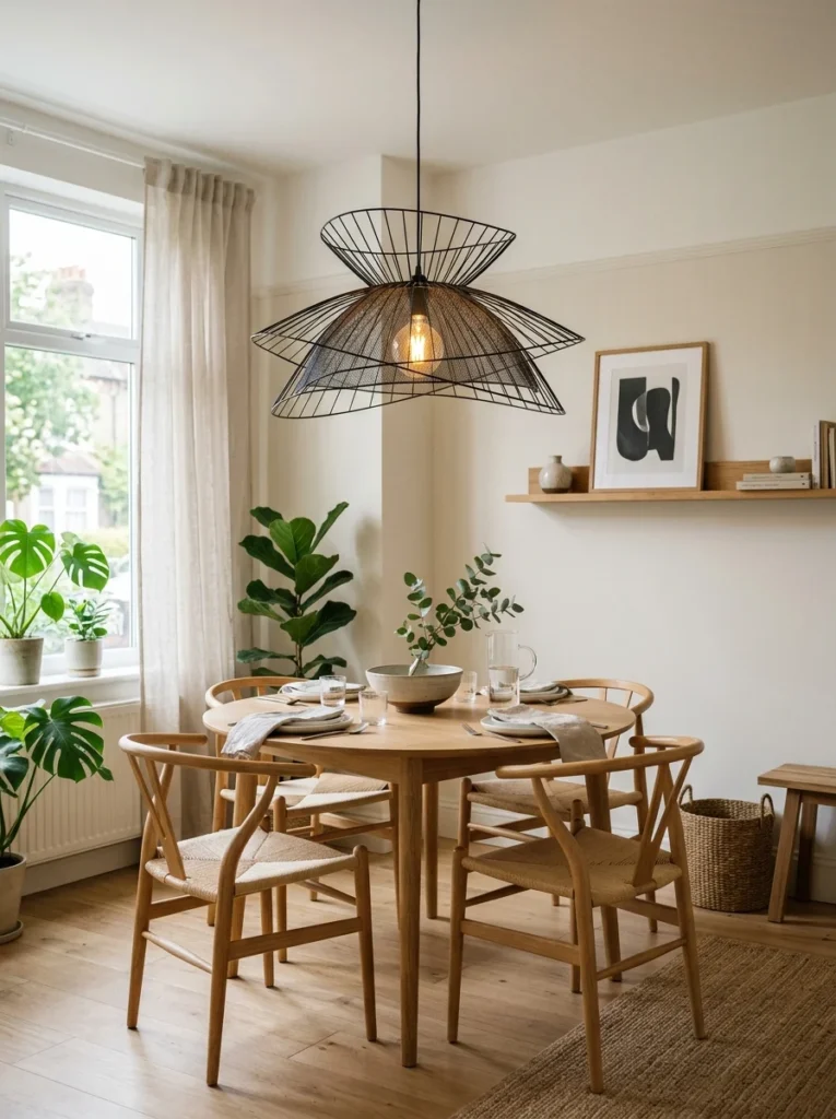Statement pendant light creating focal point in compact dining room.