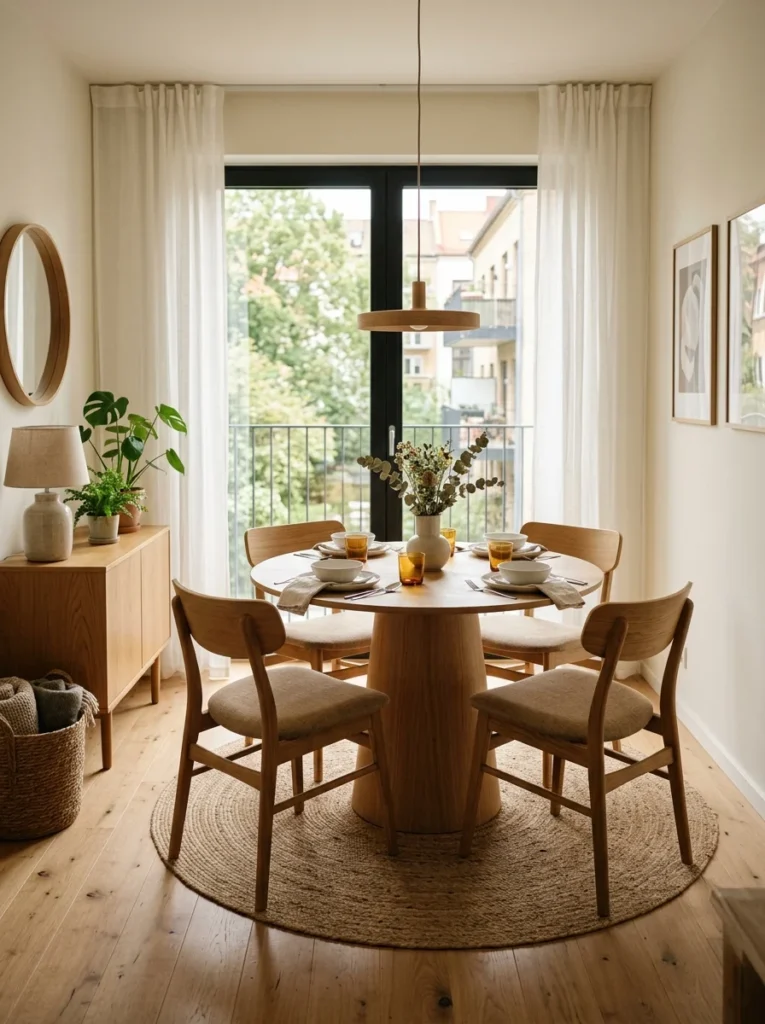 Round pedestal dining table in stylish compact dining room.