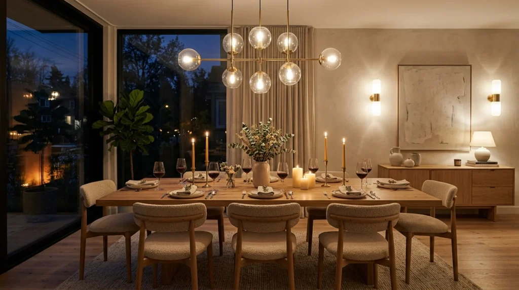 Elegant dining room with statement chandelier, wall sconces, candles, and warm ambient lighting.