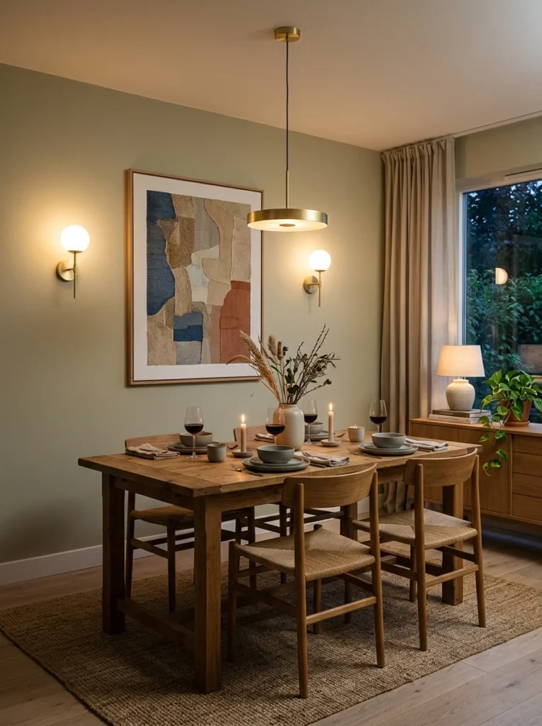 Wall sconces adding warm layered lighting in elegant dining room.