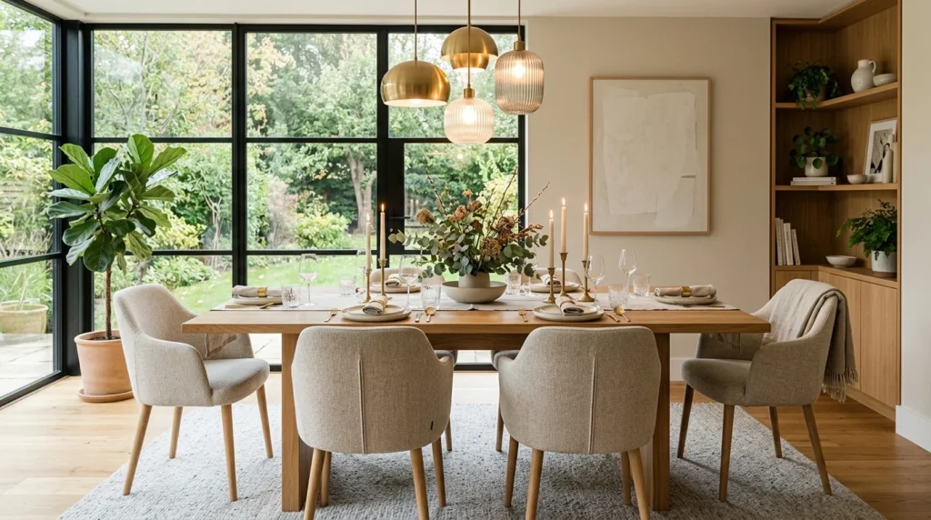 Modern dining room with elegant wooden dining table, upholstered chairs, and warm pendant lighting.