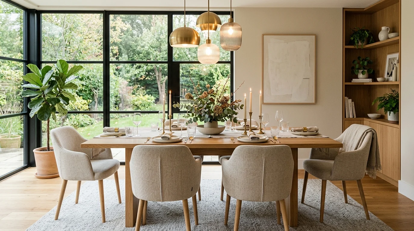 Modern dining room with elegant wooden dining table, upholstered chairs, and warm pendant lighting.