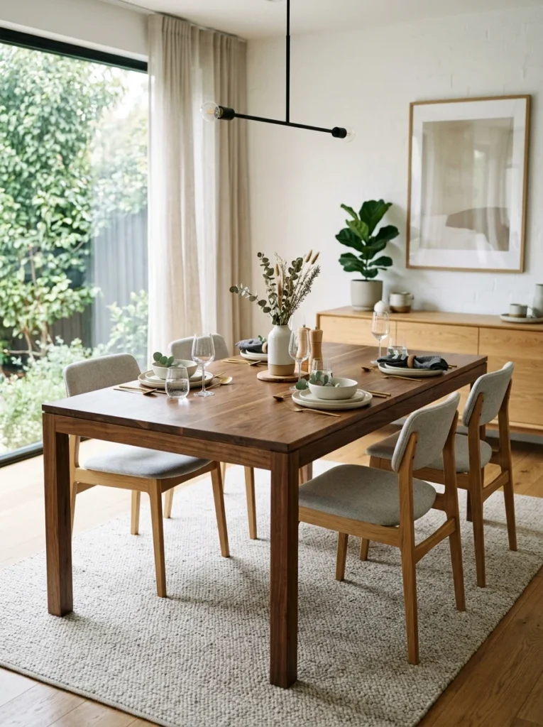 Dining table setup for four people in modern dining room.