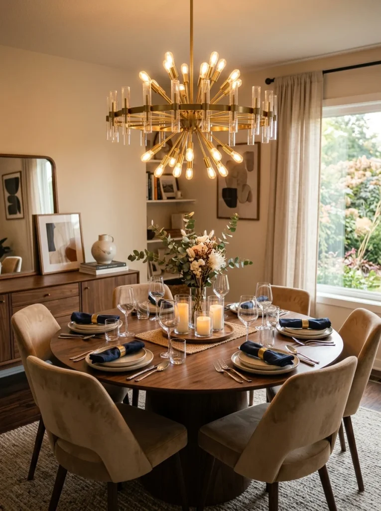 Round chandelier above round dining table in elegant dining room.