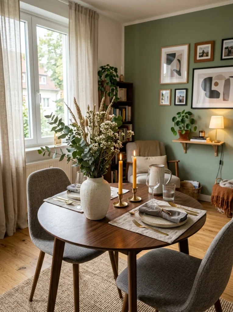 Simple centerpiece styling for small dining table decor.