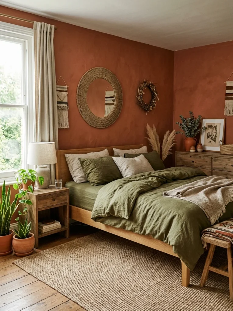 Earthy bedroom with terracotta walls and olive green bedding.Earthy bedroom with terracotta walls and olive green bedding.