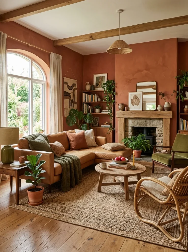 Earthy living room with terracotta and olive green color palette.