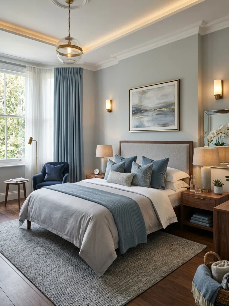 Cool grey and soft blue bedroom with warm walnut furniture.
