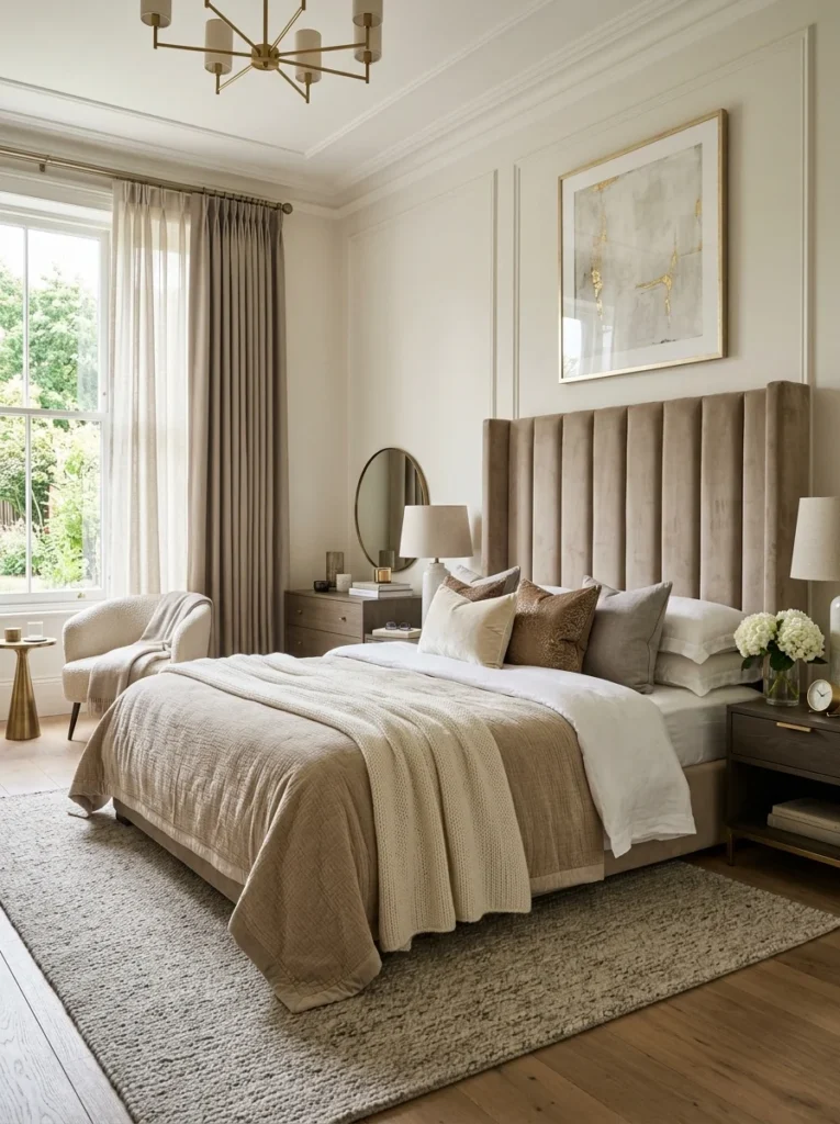 Tall upholstered headboard creating elegant focal point in bedroom.
