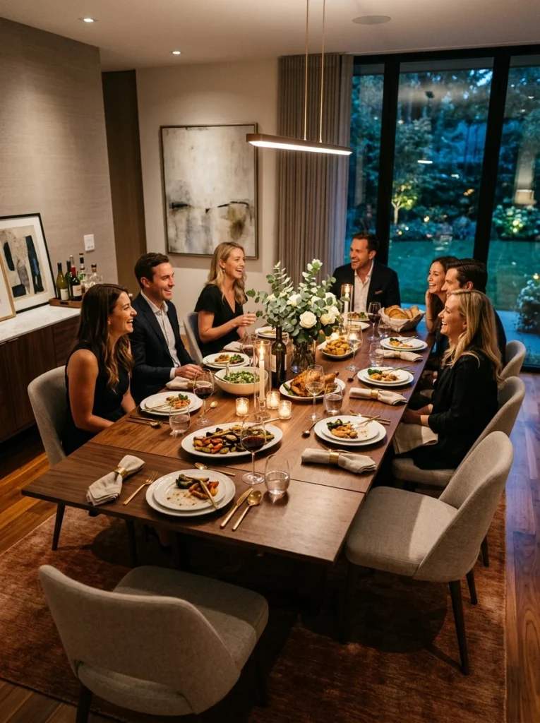 Extendable dining table expanded for additional seating during gatherings.