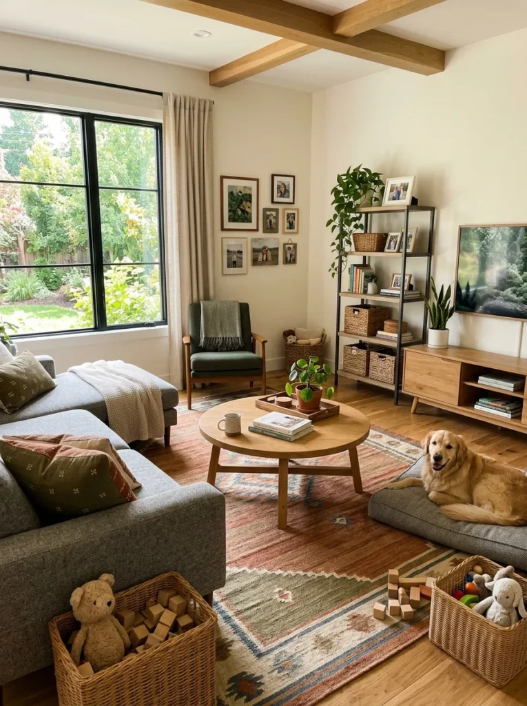 Flatweave rug in a busy family living room