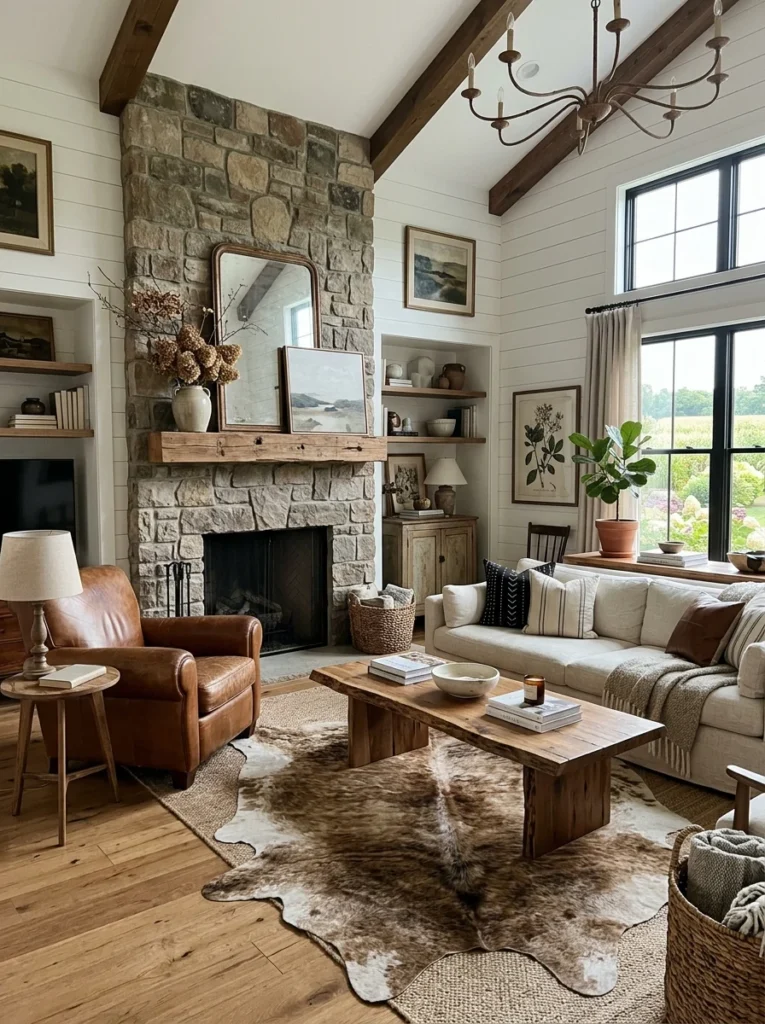 Cowhide rug adding character to a farmhouse living room