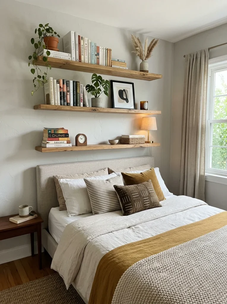 Floating shelves adding storage without taking up floor space.