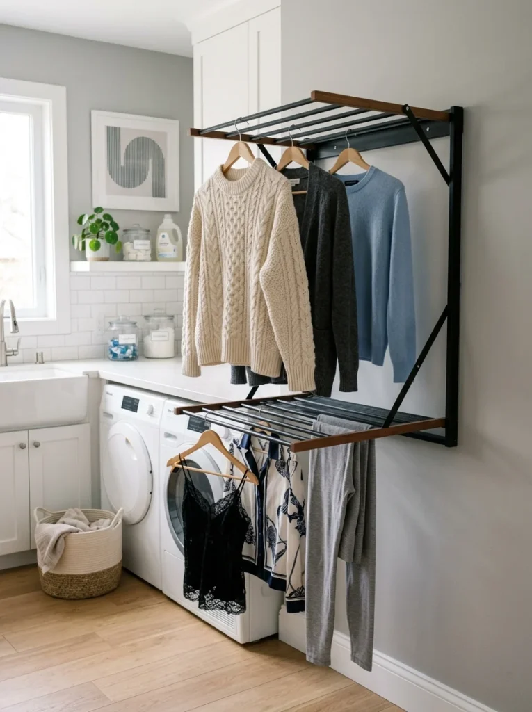 Wall-mounted drying rack for flat-drying delicate clothing.