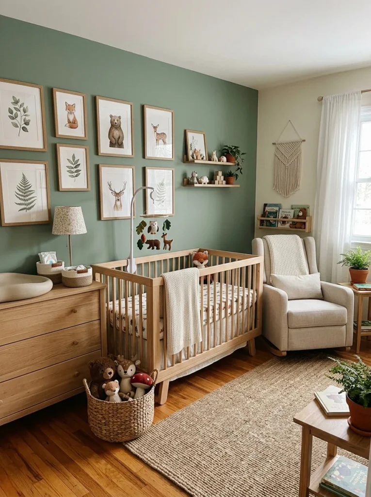 Forest-themed gender-neutral nursery with woodland-inspired decor.