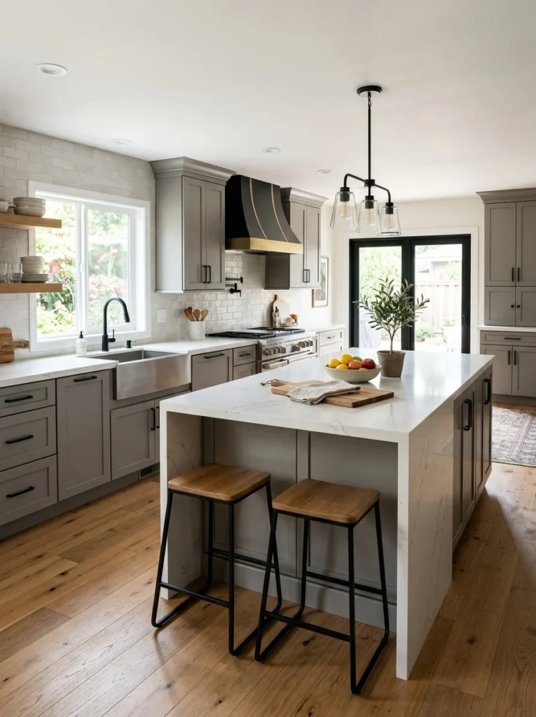 Navy blue kitchen cabinets with white marble countertops and brass hardware.