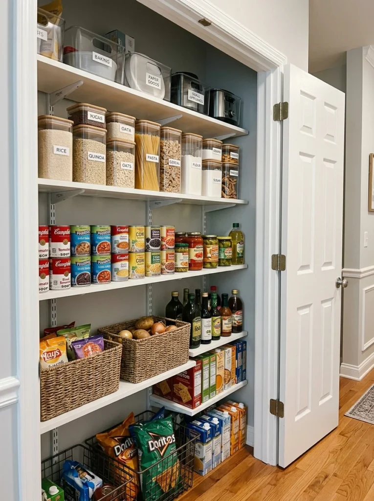 Nearby hallway closet transformed into organized kitchen pantry.