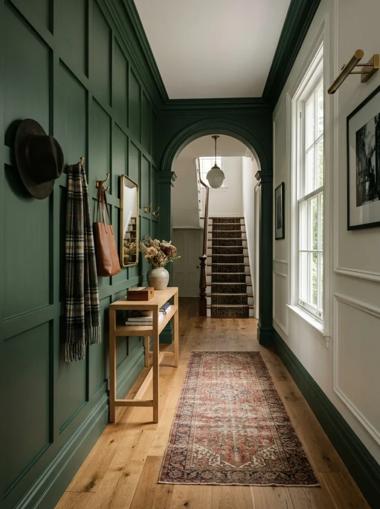 Hallway with elegant green wall paneling and brass accents.