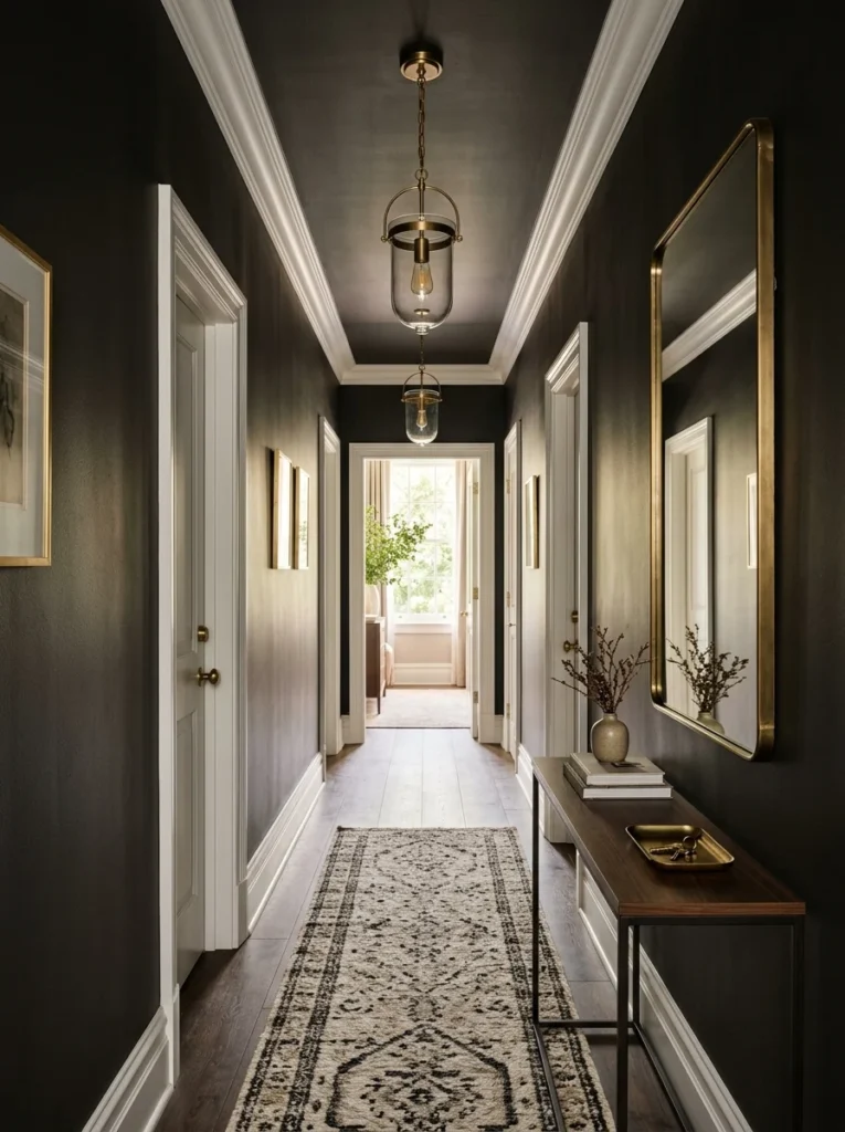 Hallway renovated with bold charcoal walls and elegant decor.