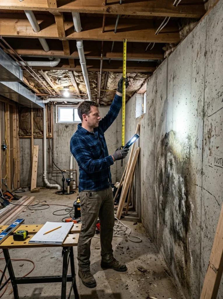 Homeowner inspecting unfinished basement before renovation and finishing.