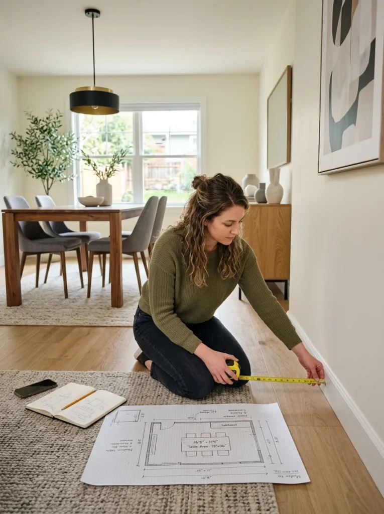 Measuring dining room and creating floor plan before buying dining table.