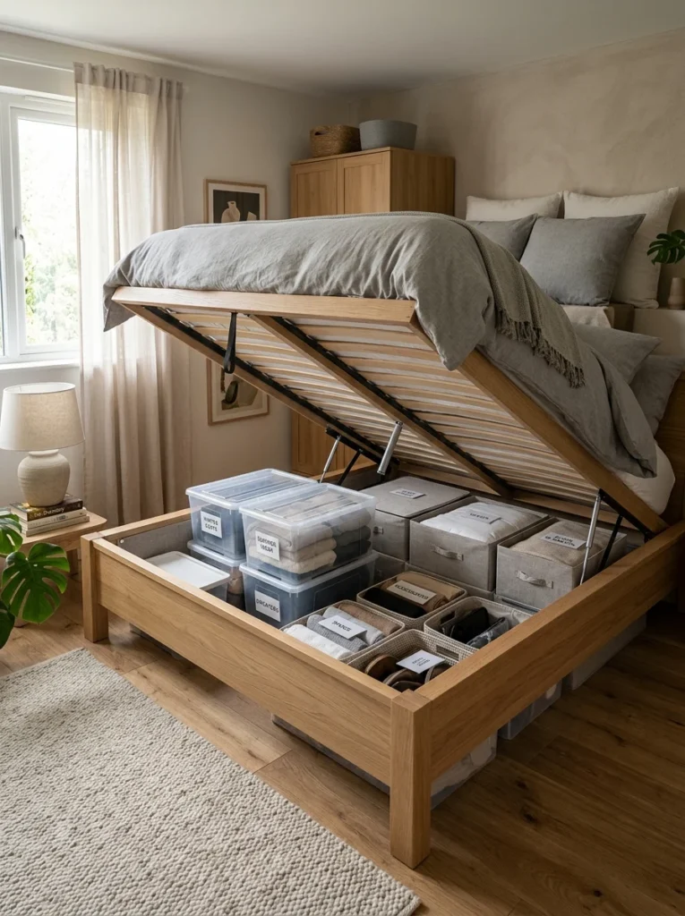 Hydraulic storage bed with hidden under-bed storage compartments.