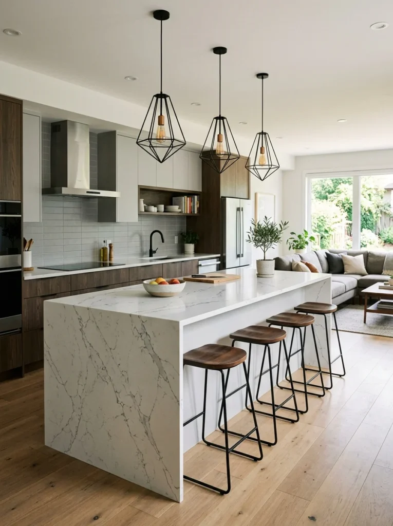 Modern kitchen island layout with waterfall countertop and seating area.