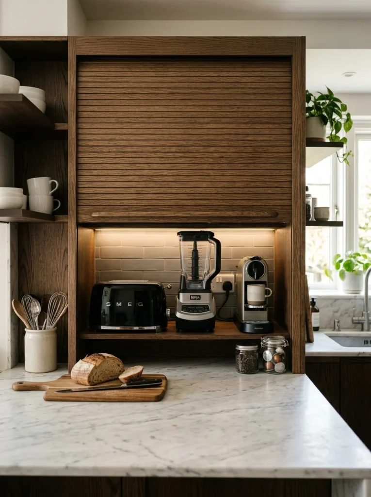 Kitchen appliance garage hiding countertop appliances behind cabinet doors.