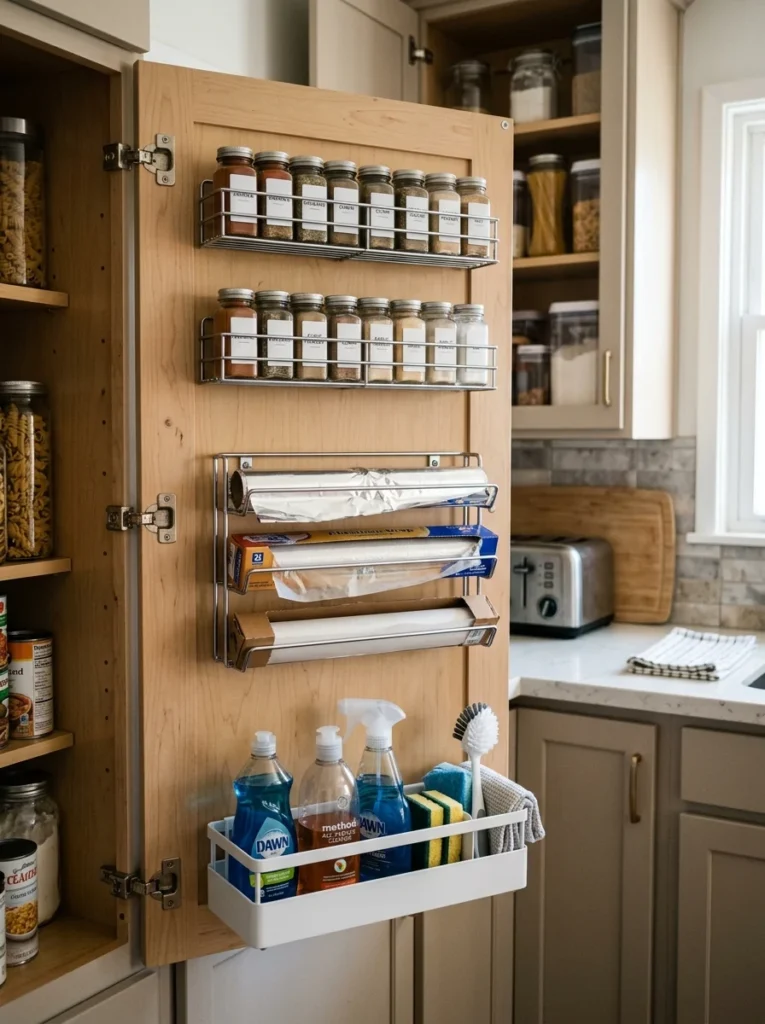 Door-mounted kitchen organizers maximizing unused cabinet door space.