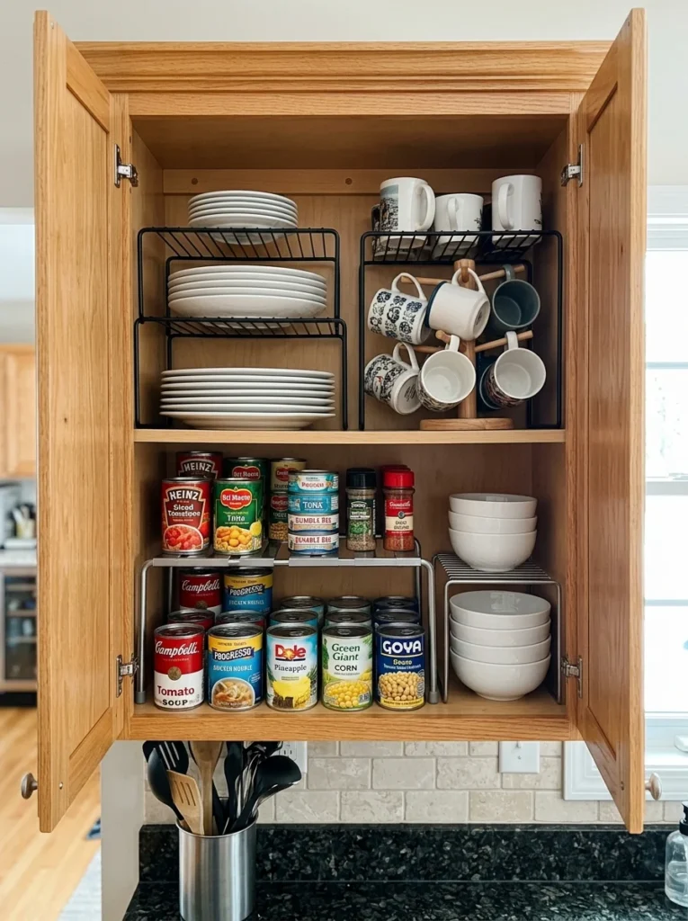 Shelf risers creating additional storage levels inside kitchen cabinets.