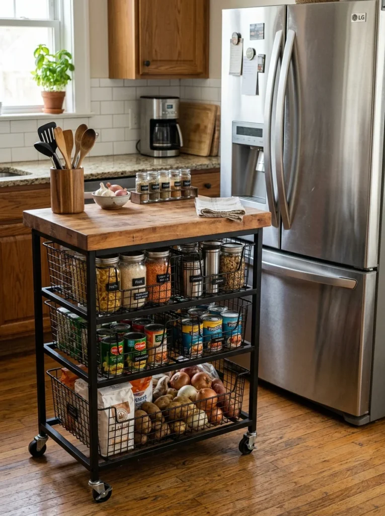 Rolling kitchen cart used as mobile pantry and prep station.
