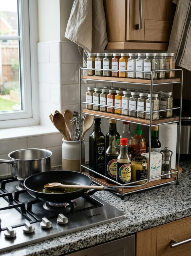 Tiered countertop organizer maximizing vertical kitchen storage.