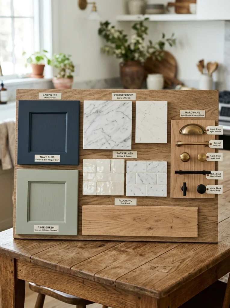 Kitchen cabinet color and countertop pairing inspiration board.