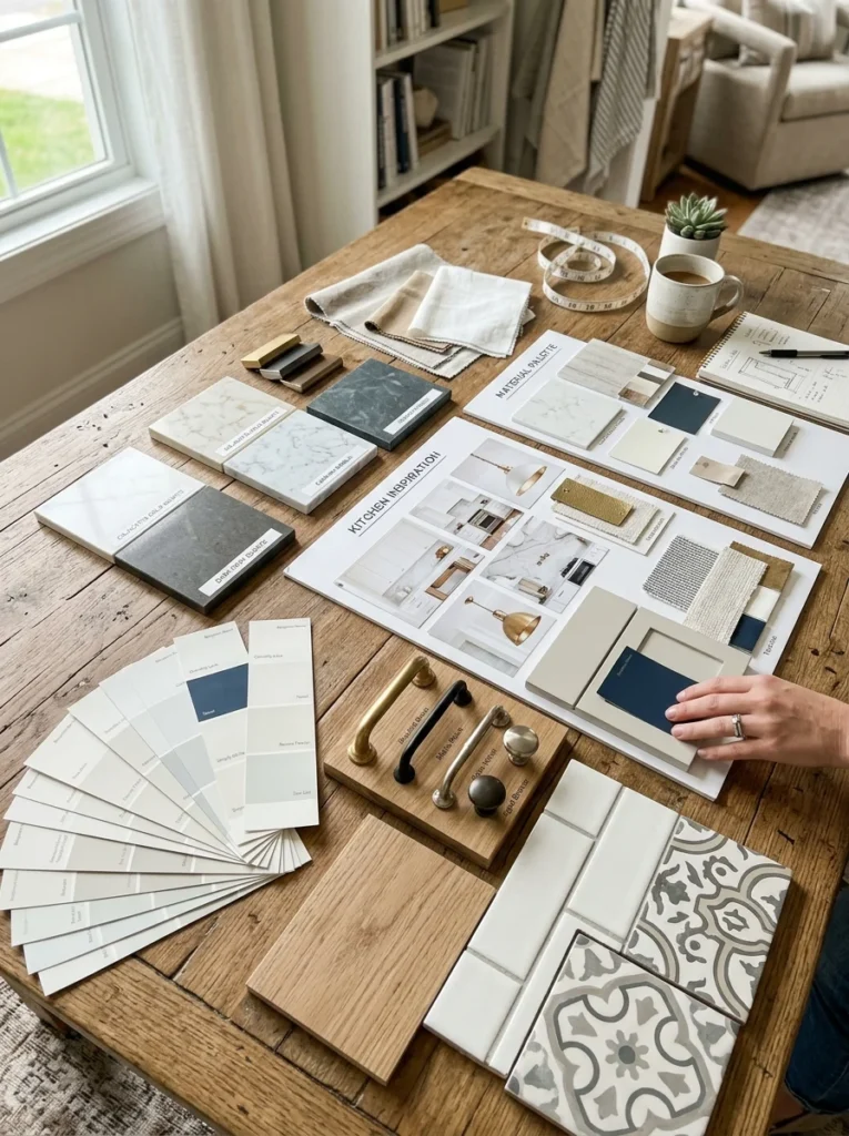 Kitchen cabinet color planning with paint swatches, countertop samples, and hardware finishes.