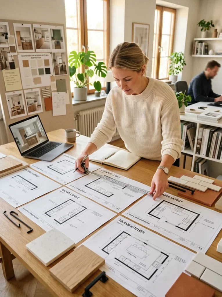 Kitchen layout planning with floor plans, measurements, and modern kitchen design ideas.