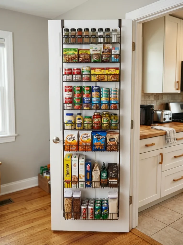 Over-door pantry organizer creating extra food storage space.