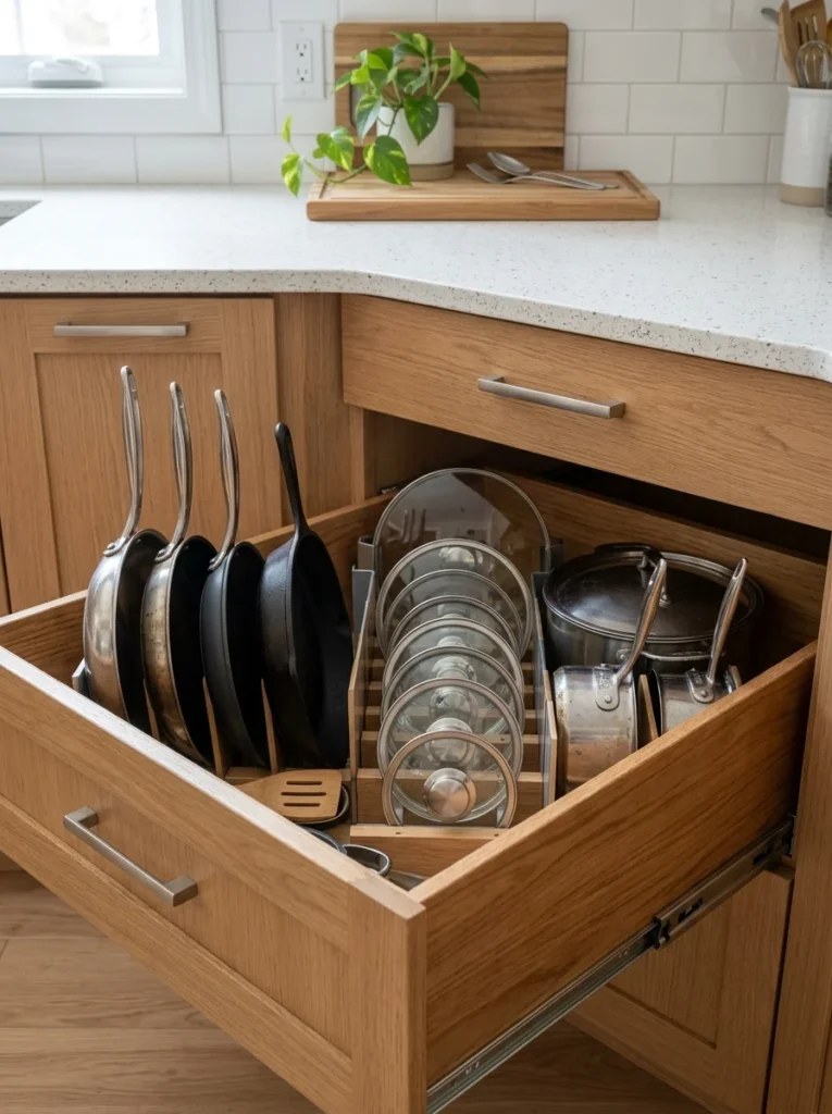 Vertical drawer dividers storing pots and pans upright in deep drawer.