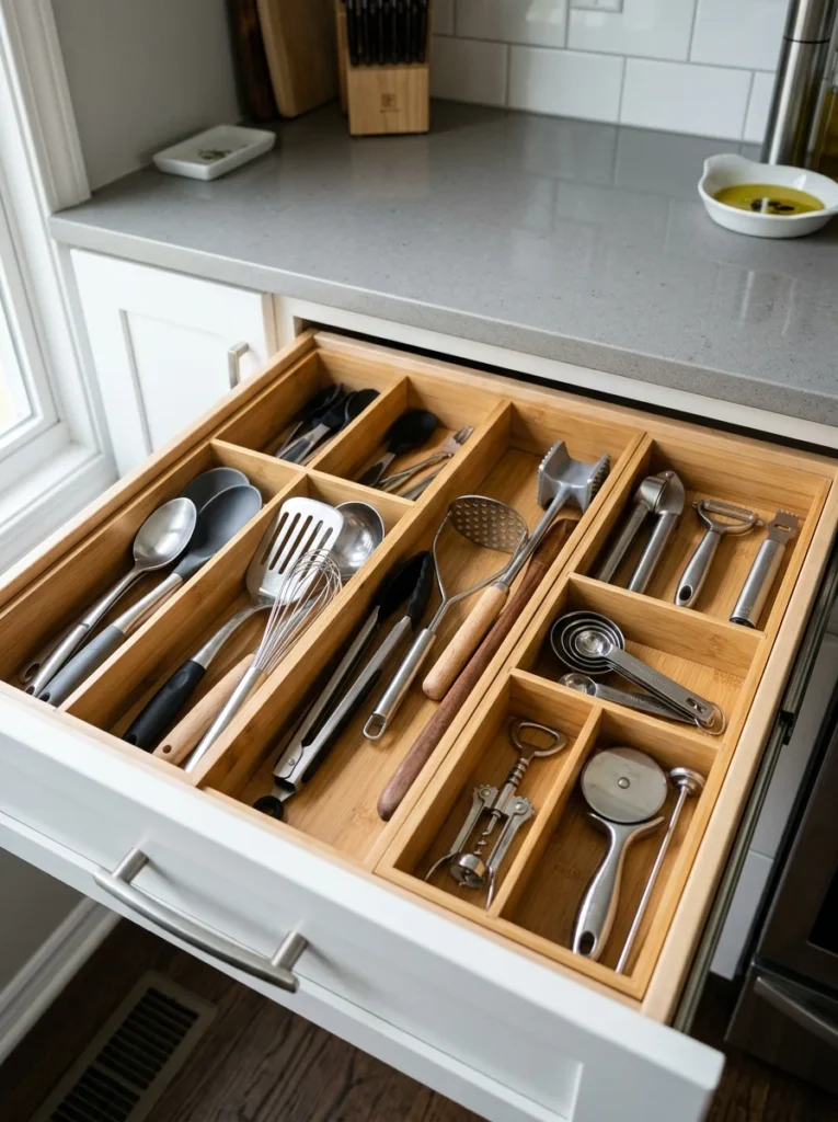 Expandable drawer dividers organizing kitchen utensils and tools.