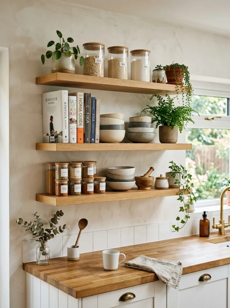 Floating kitchen shelves providing stylish overflow storage.