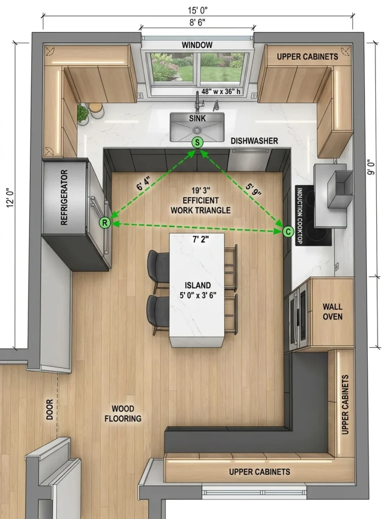 One-wall kitchen layout with compact modern cabinetry and open shelving.