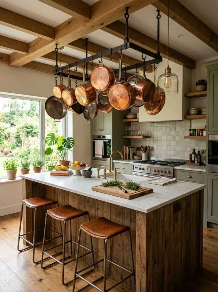 Ceiling-mounted pot rack freeing cabinet space in kitchen.