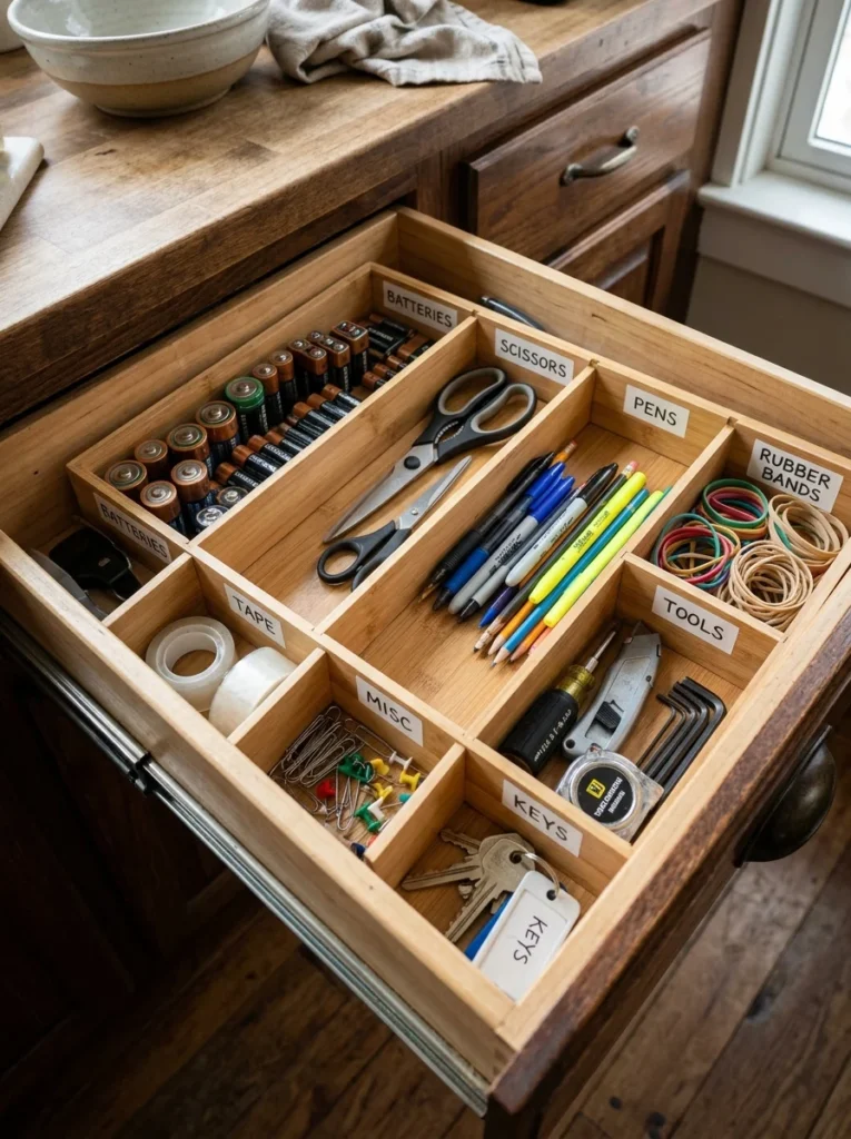 Organized kitchen junk drawer with divided storage compartments.